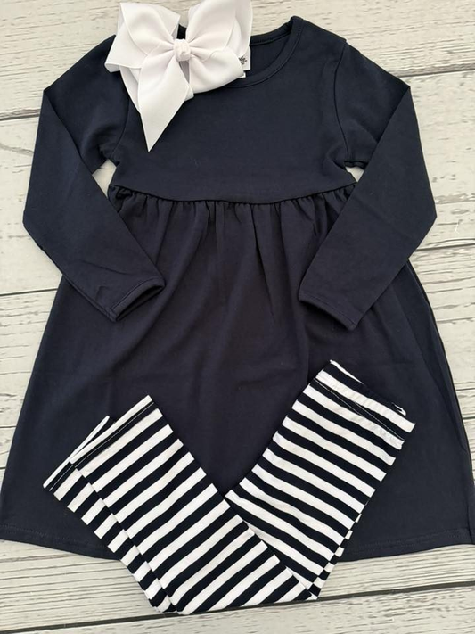 MOQ 8 Preorder GLP2866 Navy Long Sleeve Stripe Pants Girls Set 202509