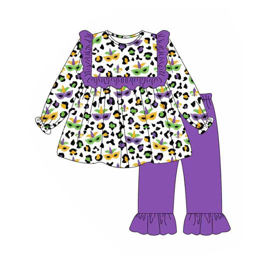 MOQ 8 Preorder GLP2869 Mardi Gras Leopard Purple Ruffle Long Sleeve Pants Girls Set 202509