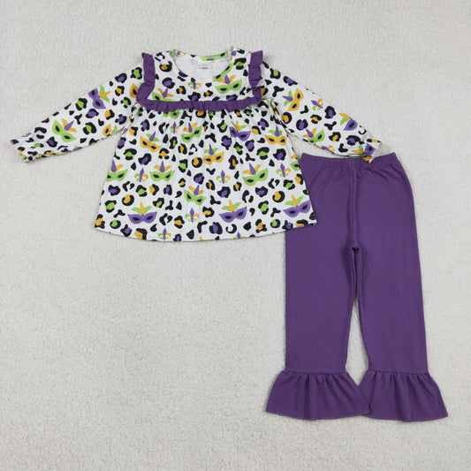 GLP2869 Mardi Gras Leopard Purple Ruffle Long Sleeve Pants Girls Set 202601 RTS