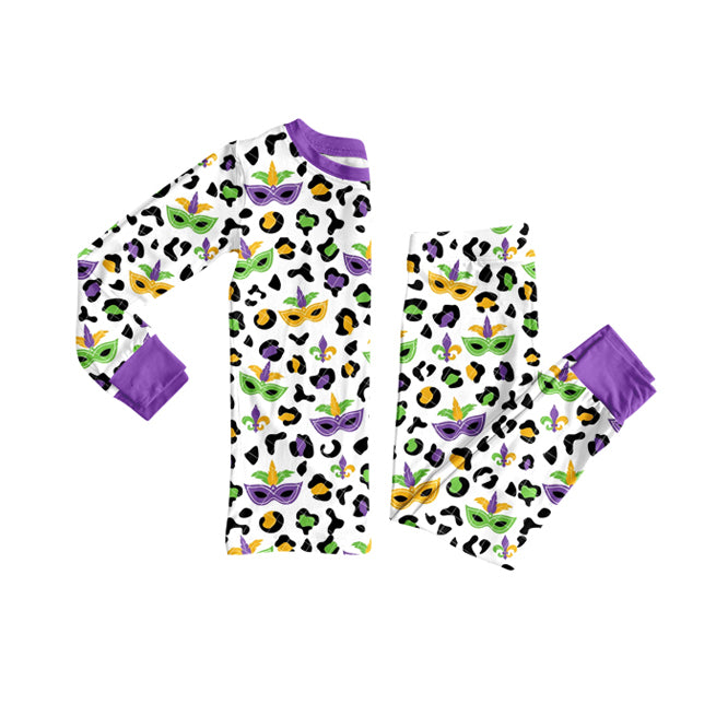 MOQ 8 Preorder GLP2870 Mardi Gras Leopard Purple Long Sleeve Pants Girls Pajamas Set 202509