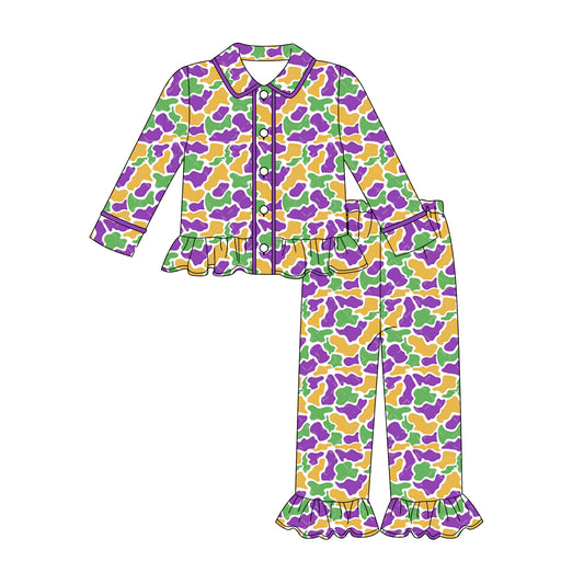 MOQ 8 Preorder GLP2871 Mardi Gras Purple Ruffle Camouflage Polo Button Long Sleeve Pants Girls Pajamas Set 202509 Sibling