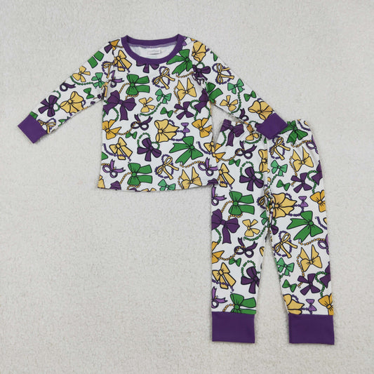 GLP2872-XS-3XL Mardi Gras Bows Purple Long Sleeve Pants Girls Pajamas Set 202510 RTS