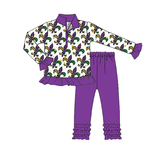 MOQ 8 Preorder GLP2873 Mardi Gras Purple Ruffle Zippy Collar Long Sleeve Pants Girls Set 202509