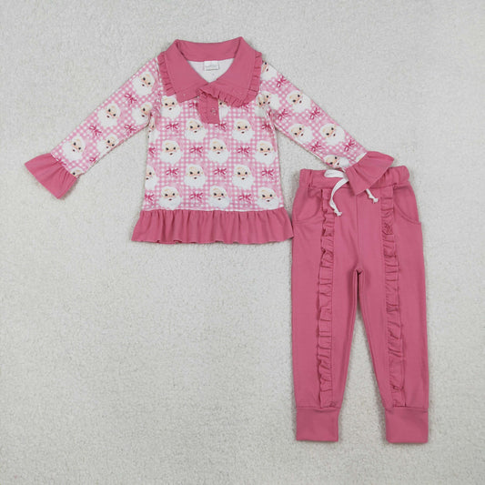 GLP2881-XS-3XL Christmas Pink Plaid Ruffle Button Collar Long Sleeve Pants Girls Set 202510 RTS