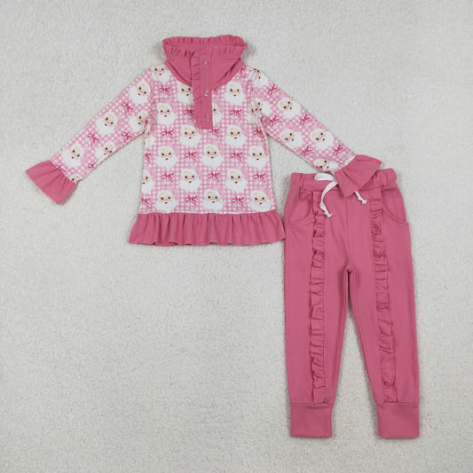 GLP2881-XS-3XL Christmas Pink Plaid Ruffle Button Collar Long Sleeve Pants Girls Set 202510 RTS