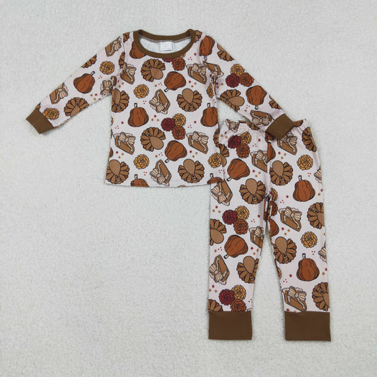 GLP2884-XS-3XL Thanksgiving Pumpkin Flower Turkey Brown Long Sleeve Pants Girls Set 202510 RTS