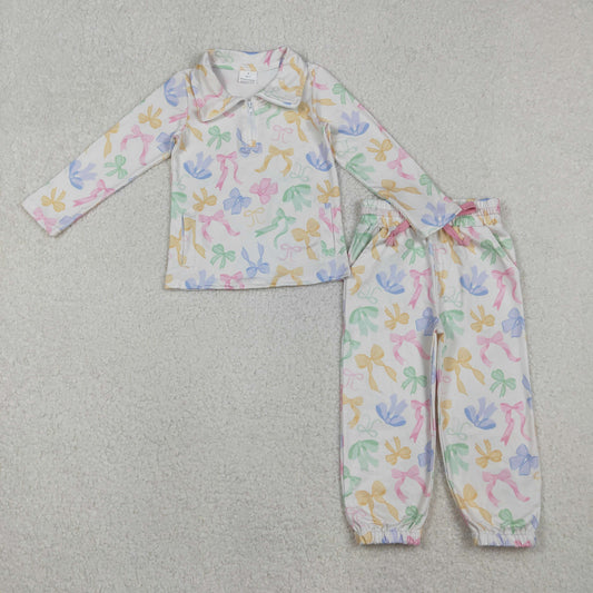 GLP2886 Colored Bows Zip up Collar Long Sleeve Pants Girls Set 202510 RTS