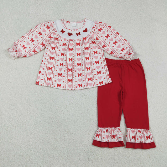 GLP2888 Embroidered Valentine's Day Love Bows Flower Long Sleeve Ruffle Pants Girls Set 202512 RTS
