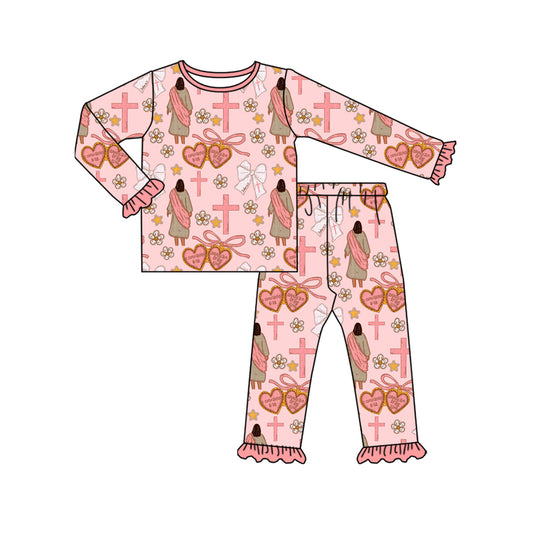 MOQ 8 Preorder GLP2889 Easter Cross Love Flower Pink Ruffle Long Sleeve Pants Girls Set 202509