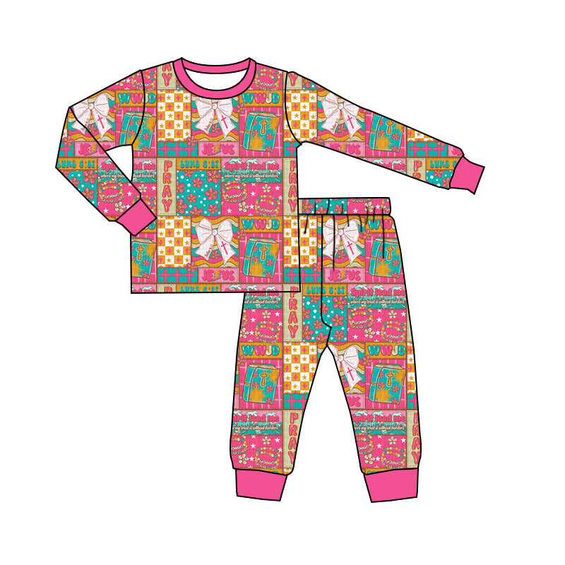 MOQ 8 Preorder GLP2890 Jesus Cross Flower and Bow Pattern Plaid Rose Red Long Sleeve Pants Girls Set 202509