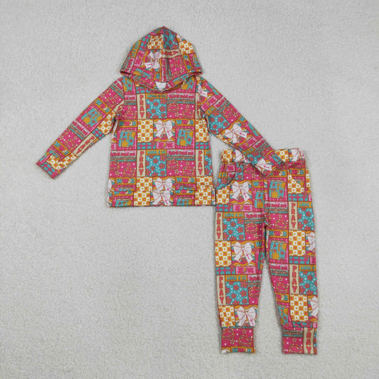 GLP2891 Jesus Cross Flower and Bow Pattern Plaid Rose Red Hooded Long Sleeve Pants Girls Set 202511 RTS