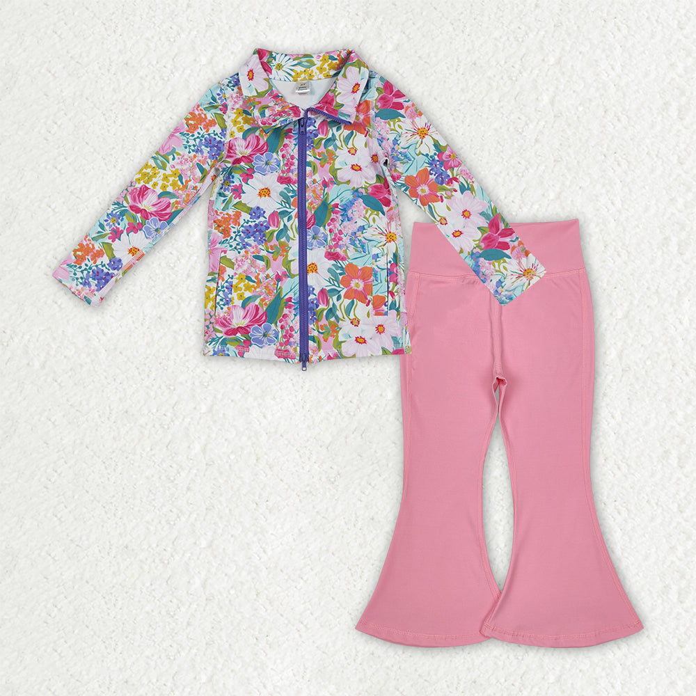 GLP2893 Girls Boutique Yoga Sets Flower Purple Zipper Long Sleeve Pink Bell Bottom Pants 202509 RTS
