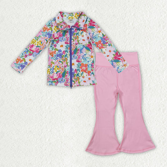GLP2894 Girls Boutique Yoga Sets Flower Purple Zipper Long Sleeve Light Pink Bell Bottom Pants 202509 RTS