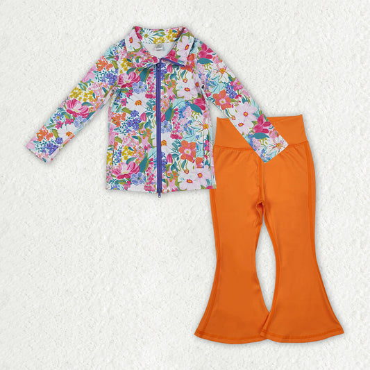 GLP2896 Girls Boutique Yoga Sets Flower Purple Zipper Long Sleeve Orange Bell Bottom Pants 202509 RTS