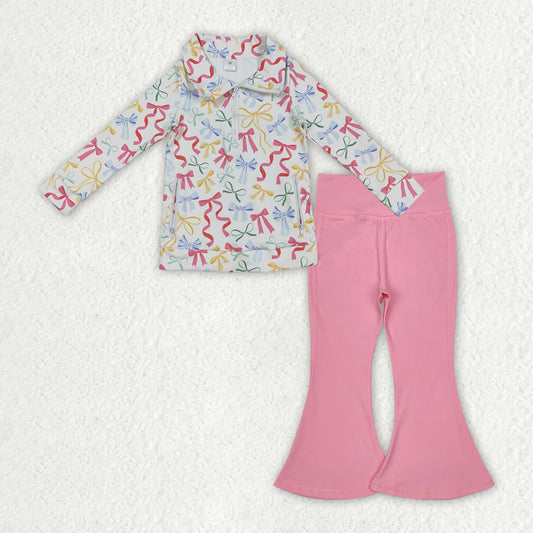 GLP2897 Girls Boutique Yoga Sets Colored Bows Zipper Collar Long Sleeve with Pink Bell Bottom Pants 202509 RTS