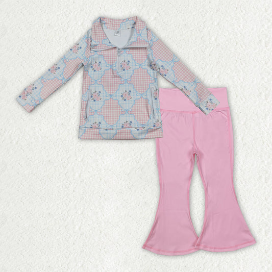 GLP2898 Girls Boutique Yoga Sets Flower Plaid Zipper Collar Long Sleeve with Light Pink Bell Bottom Pants 202509 RTS