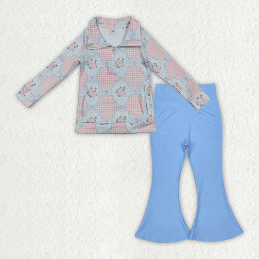 GLP2899 Girls Boutique Yoga Sets Flower Plaid Zipper Collar Long Sleeve with Blue Bell Bottom Pants 202509 RTS