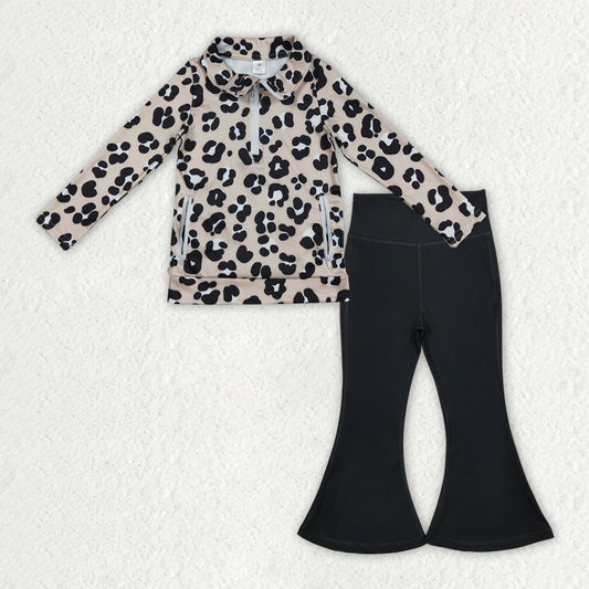 GLP2900 Girls Boutique Yoga Sets Leopard Zipper Collar Long Sleeve with Black Bell Bottom Pants 202509 RTS