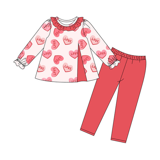 MOQ 8 Preorder GLP2904 Valentine's Day Love Ruffle Pink Long Sleeve Pants Girls Set 202509