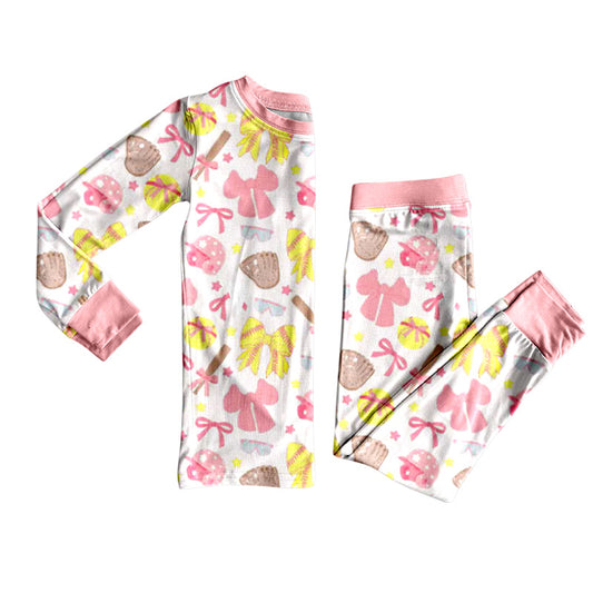 MOQ 8 Preorder GLP2905 Baseball Bows Pink Long Sleeve Pants Girls Pajamas Set 202509