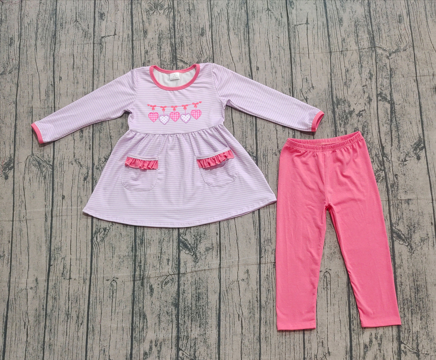 GLP2906 Embroidered Valentine‘s Day Love Stripe Pocket Long Sleeve Pants Girls Set 202510 RTS