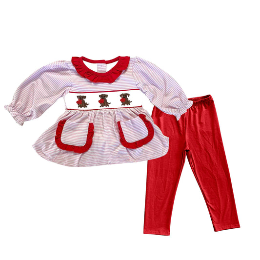 MOQ 8 Preorder GLP2907 Valentine‘s Day Puppy Love Stripe Pocket Red Ruffle Long Sleeve Pants Girls Set 202509