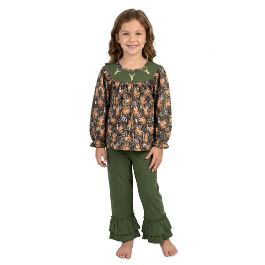 GLP2908 Embroidery Hunting Elk Army Green Girls Set