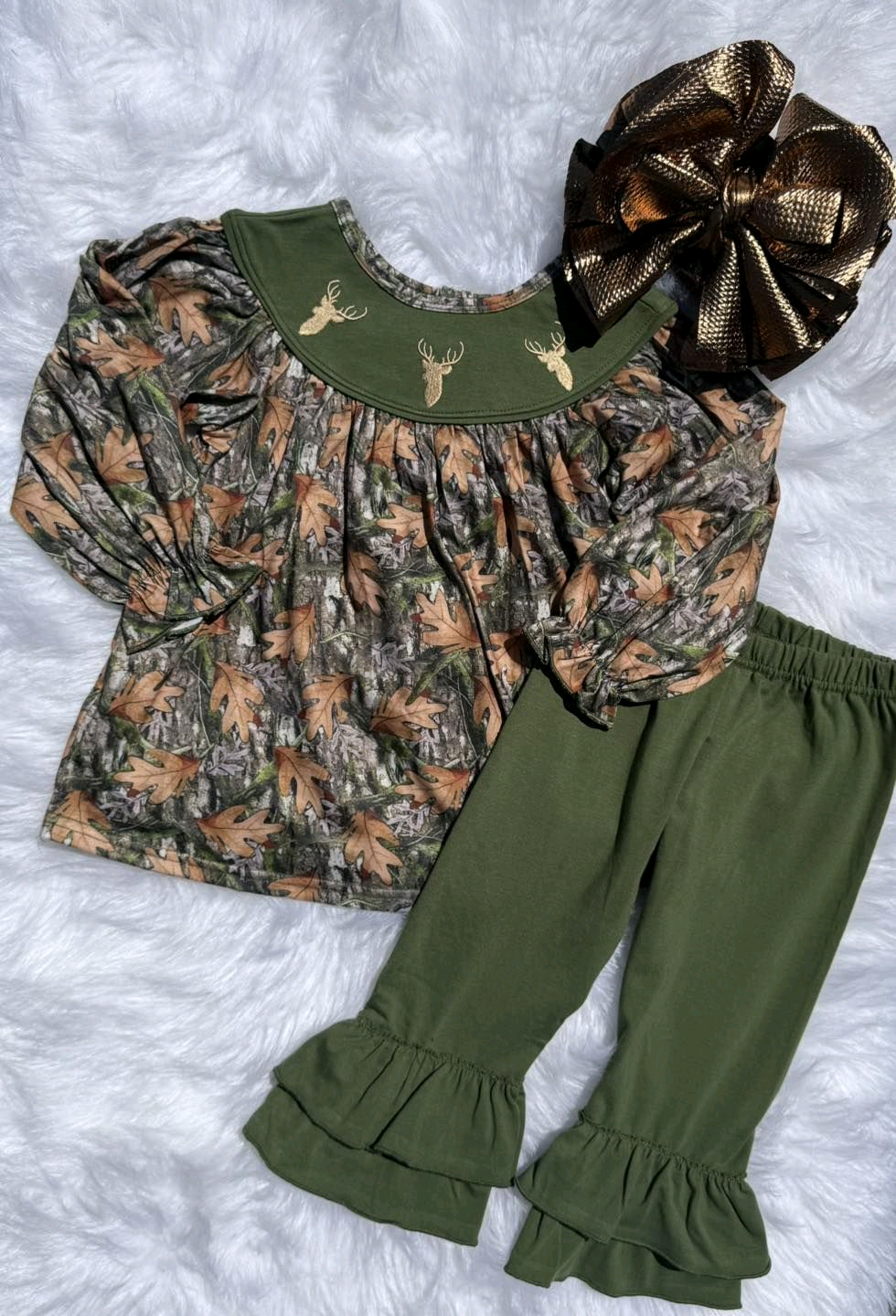 MOQ 8 Preorder GLP2908 Deer Hunting Camouflage Green Long Sleeve Pants Girls Set 202509
