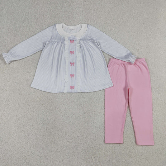 GLP2909 Embroidered Pink Bows Stripe Doll Collar Long Sleeve Pants Girls Sets 202604 RTS