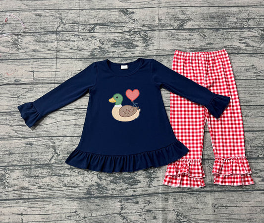 NO MOQ Preorder GLP2912 Embroidered Valentine‘s Day Duck Love Navy Long Sleeve Pants Girls Set 202510