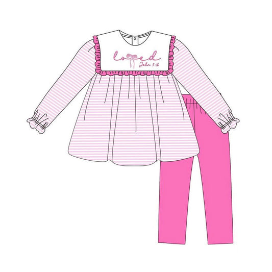 MOQ 8 Preorder GLP2916 Valentine‘s Day Love Ruffle Pink Stripe Long Sleeve Pants Girls Set 202509