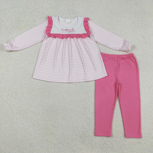 GLP2916 Embroidered Valentine‘s Day Love Ruffle Pink Stripe Long Sleeve Pants Girls Sets 202512 RTS