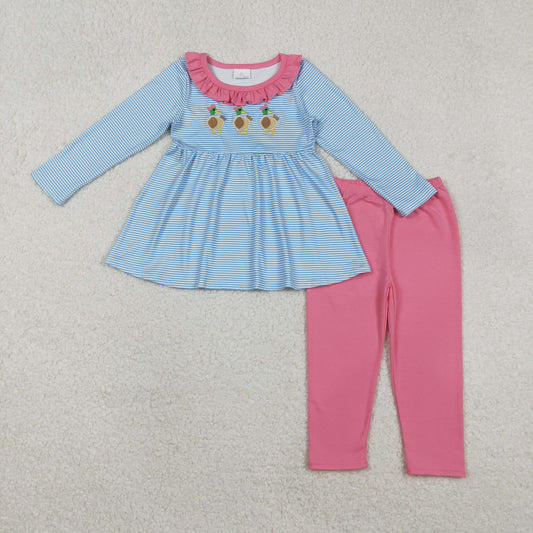 GLP2923 Embroidered Ducks Pink Ruffle Blue Stripe Long Sleeve Pants Girls Set 202511 RTS