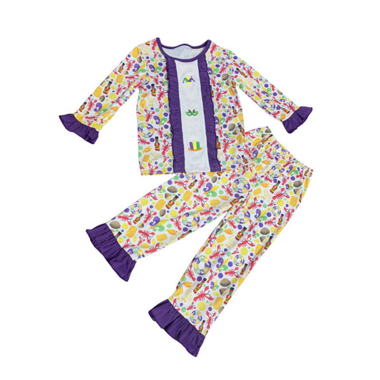 MOQ 8 Preorder GLP2924 Mardi Gras Crayfish Purple Ruffle Long Sleeve Pants Girls Set 202509