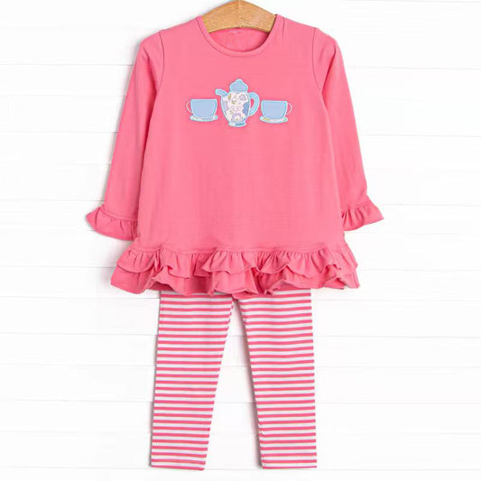 MOQ 8 Preorder GLP2926 Teapot Cup Red Ruffle Long Sleeve Stripe Pants Girls Set 202509