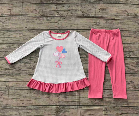 NO MOQ Preorder GLP2929 Embroidered Heart Balloon Bow Plaid Long Sleeve Pants Girls Set 202511