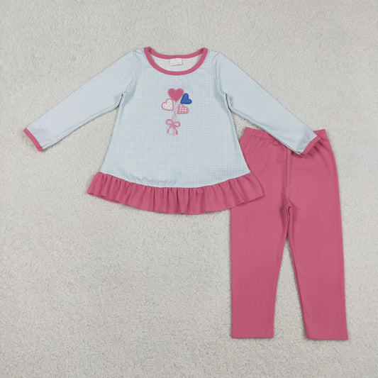 GLP2929 Embroidered Heart Balloon Bow Plaid Long Sleeve Pants Girls Set 202512 RTS