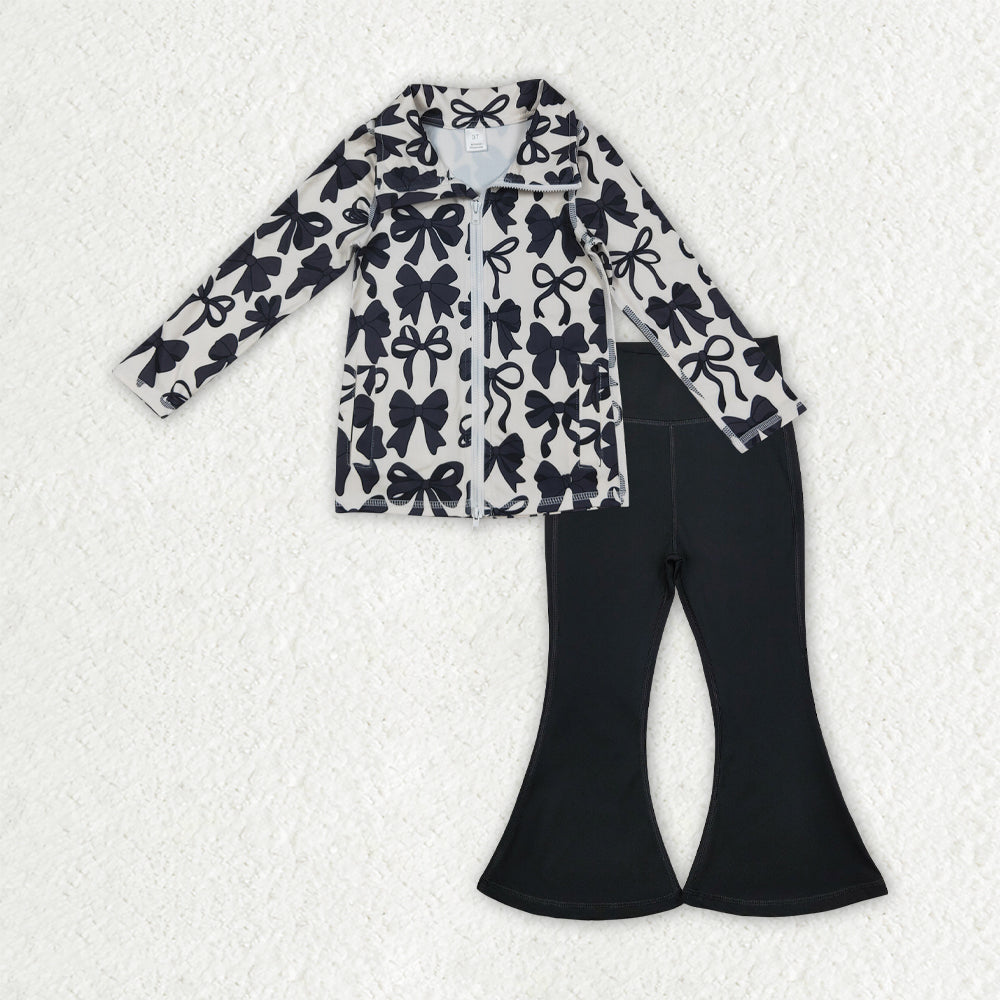 GLP2931 Girls Boutique Yoga Sets Bows Zipper Long Sleeve Black Bell Bottom Pants 202509 RTS