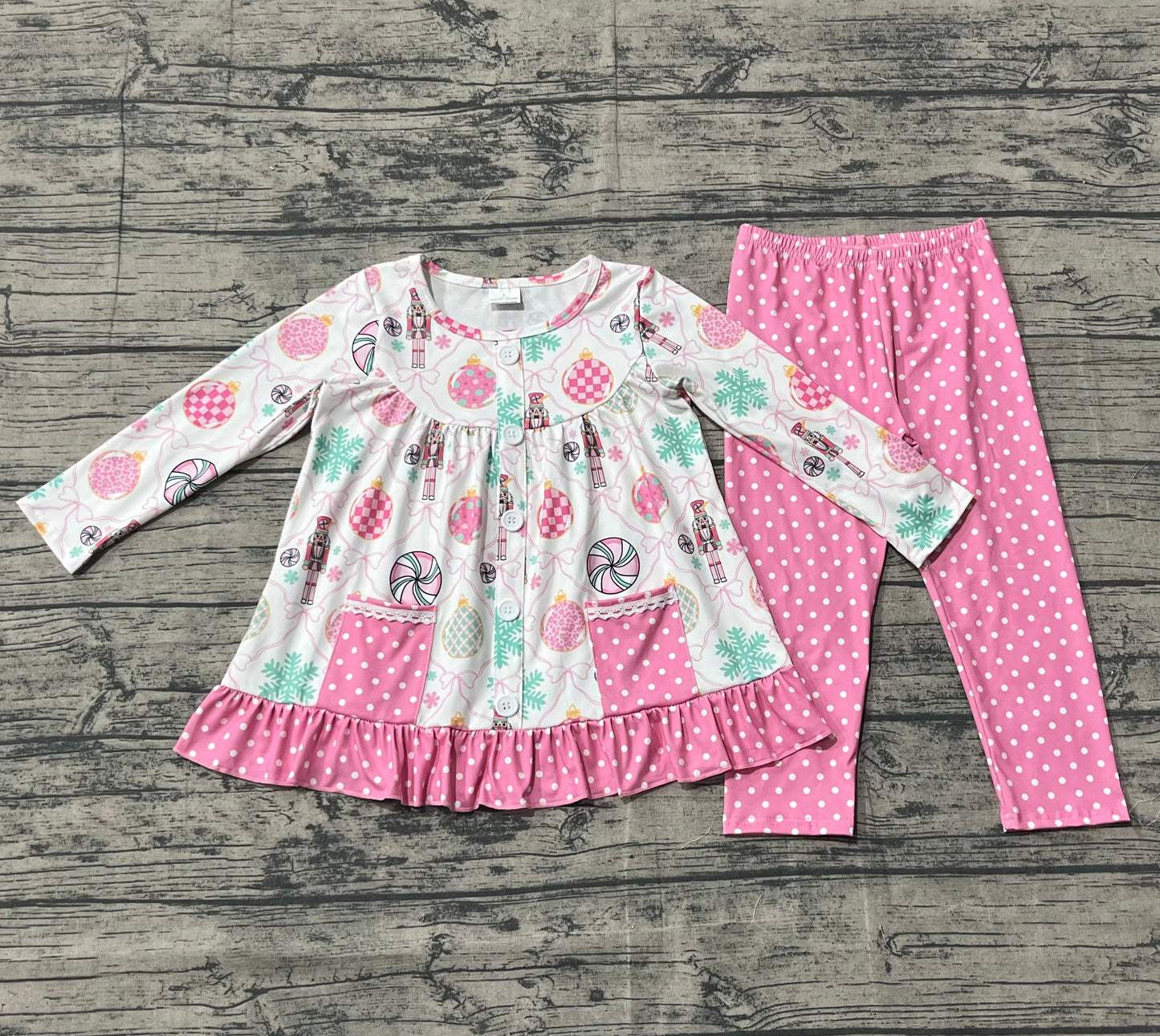 NO MOQ Preorder GLP2932 Christmas Nutcracker Pink Pocket Ruffle Long Sleeve Pants Girls Set 202510