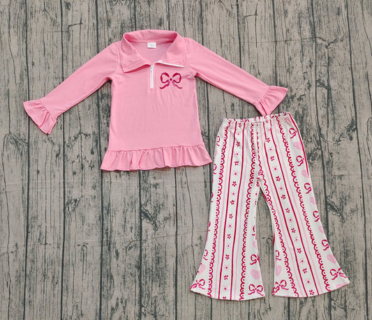 NO MOQ Preorder GLP2934 Top GT1270 & Pants P0894 Embroidered Valentine‘s Day Love Bows Pink Ruffle Zip up Collar Long Sleeve Bell Bottom Pants Girls Set 202510