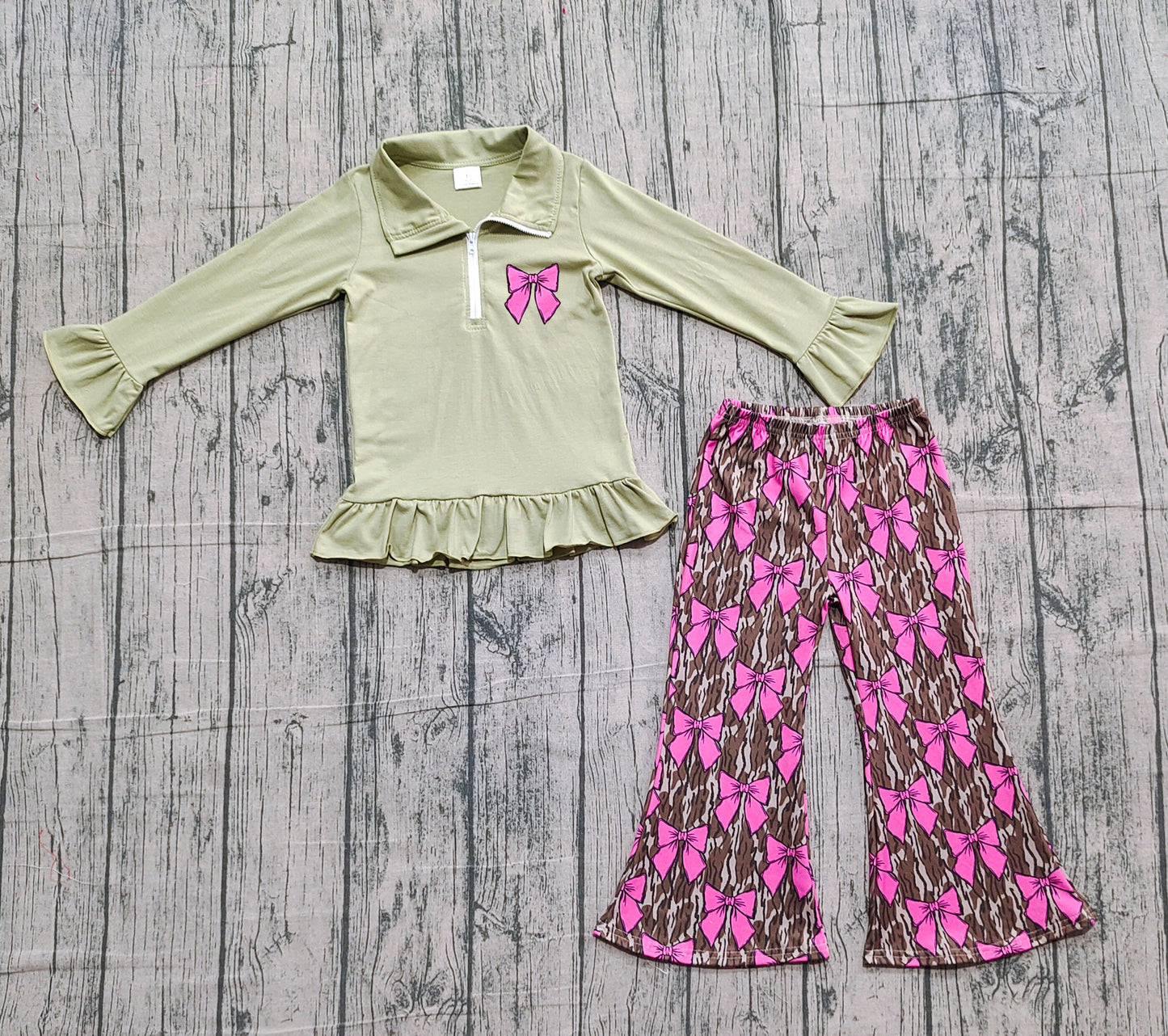 NO MOQ Preorder GLP2936 Top GT1272 & Pants P0896 Embroidered Pink Bows Army Green Ruffle Zip up Collar Long Sleeve Camo Bell Bottom Pants Girls Set 202510