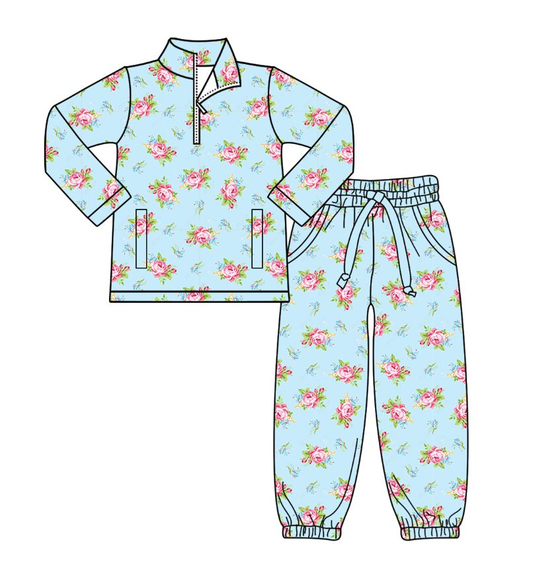 MOQ 8 preorder GLP2939 Flower Light Blue Green Zip up Collar Long Sleeve Pants Girls Yoga Sets 202509