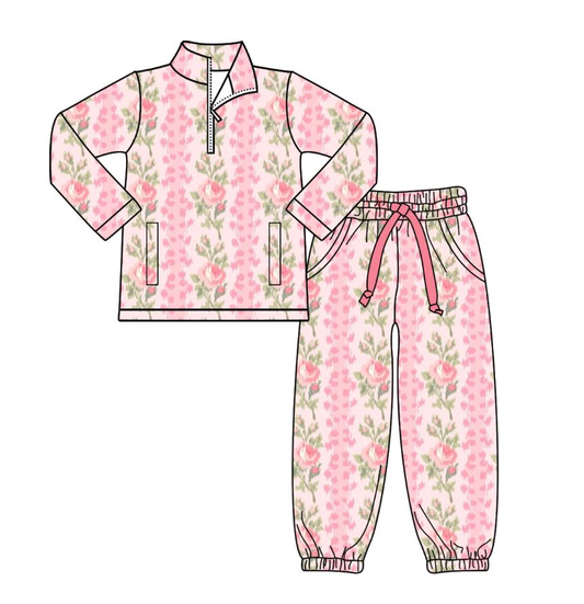 MOQ 8 preorder GLP2940 Flower Pink Zip up Collar Long Sleeve Pants Girls Yoga Sets 202509