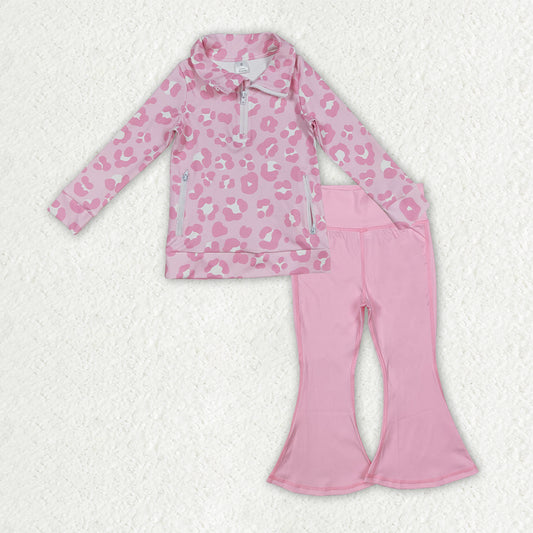 GLP2942 Leopard Pink Zip Collar Long Sleeve Bell Bottom Pants Girls Yoga Sets 202510 RTS