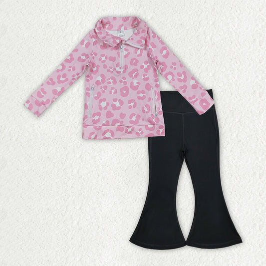 GLP2943 Leopard Pink Zip Collar Long Sleeve Black Bell Bottom Pants Girls Yoga Sets 202510 RTS