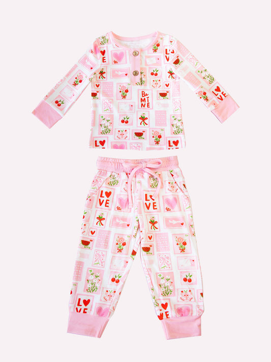 MOQ 8 Preorder GLP2946 Valentine's Day Love Flower Plaid Pink Long Sleeve Pants Girls Set 202510