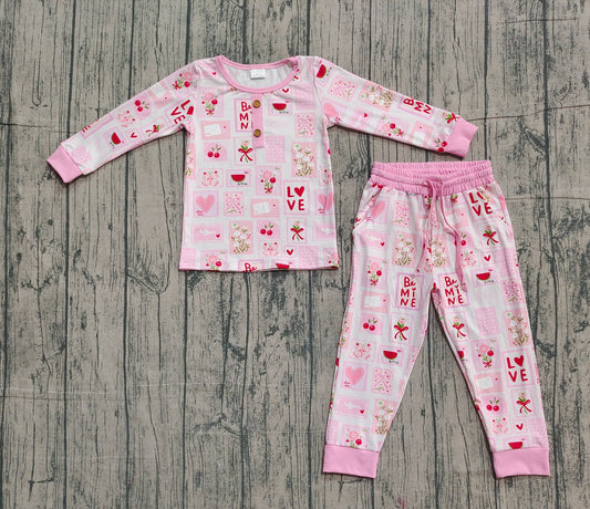 NO MOQ Preorder GLP2946 Valentine's Day Love Flower Plaid Pink Long Sleeve Pants Girls Set 202512