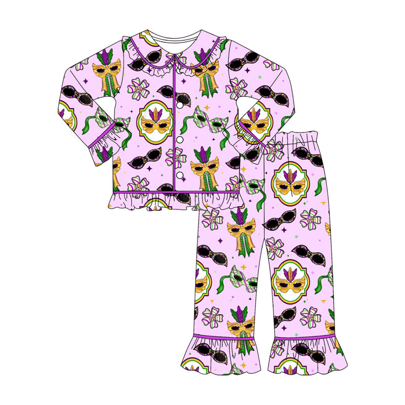 MOQ 8 Preorder GLP2949 Mardi Gras Mask Grass Doll Collar Purple Ruffle Button Long Sleeve Pants Girls Pajamas Set 202510