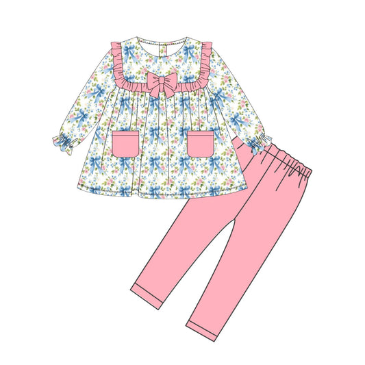 MOQ 8 Preorder GLP2951 Floral Bows Pocket Pink Ruffle Long Sleeve Pants Girls Set 202510
