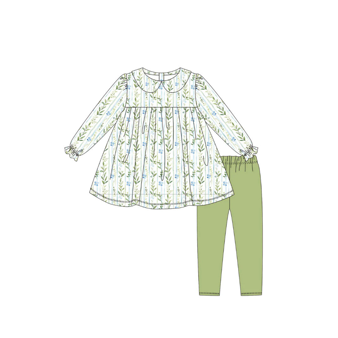 MOQ 8 Preorder GLP2952 Leaf Stripe Doll Collar Long Sleeve Green Pants Girls Set 202510